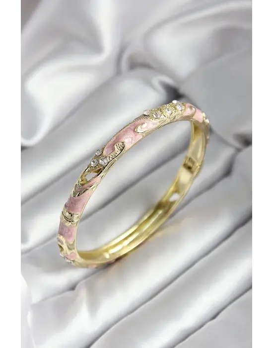 Mineli Pirinç Pembe Çiçek Desenli Gold Renk Kadın Kelepçe