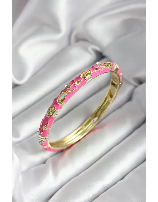 Mineli Pirinç Pembe Çiçek Desenli Gold Renk Kadın Kelepçe