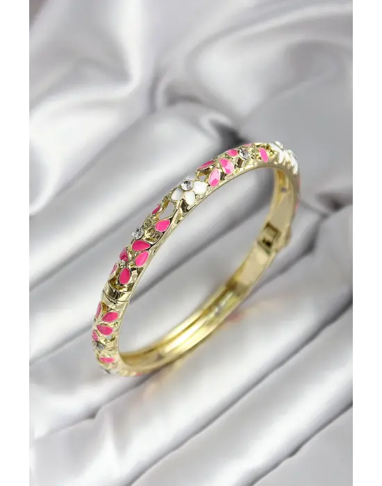Mineli Pirinç Pembe Çiçek Desenli Gold Renk Kadın Kelepçe