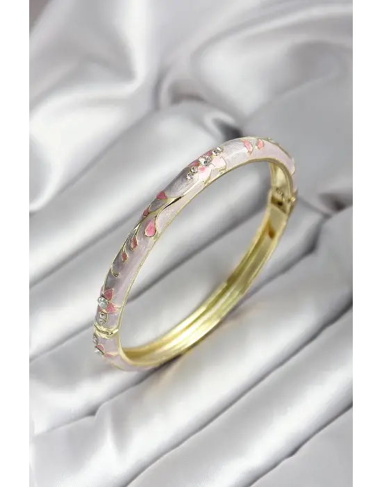 Mineli Pirinç Pembe Çiçek Desenli Gold Renk Kadın Kelepçe