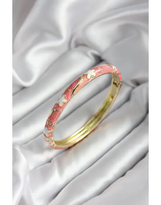 Mineli Pirinç Pembe Çiçek Desenli Gold Renk Kadın Kelepçe (çap 60 mm)