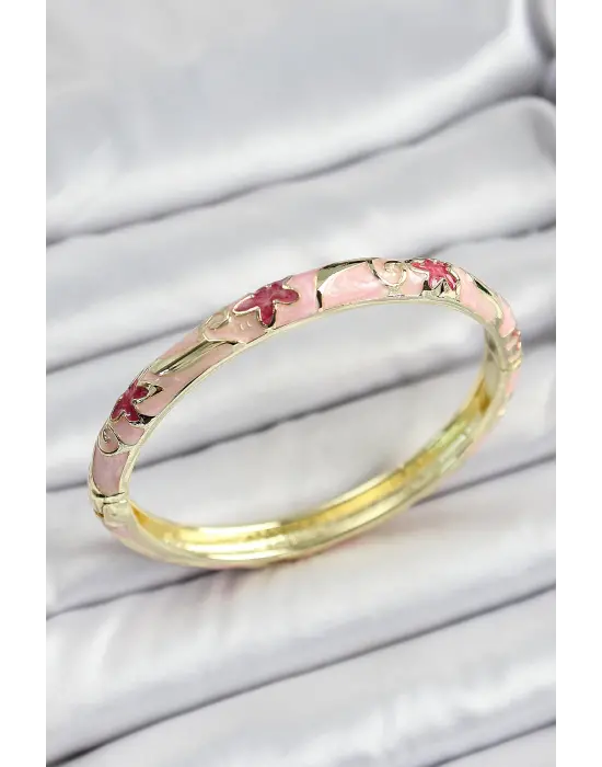 Mineli Pirinç Pembe Çiçek Desenli Kadın Kelepçe