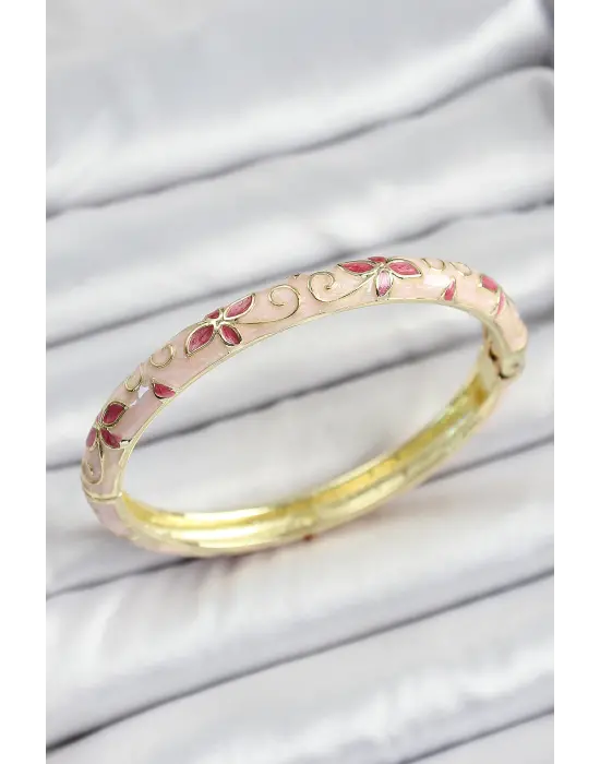 Mineli Pirinç Pembe Çiçek Desenli Kadın Kelepçe