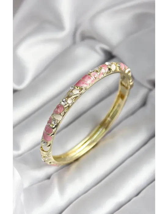 Mineli Pirinç Pembe Çiçek Desenli Zirkon Taşlı Gold Renk Kadın Kelepçe
