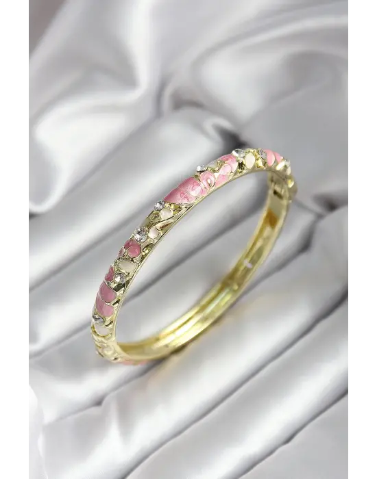 Mineli Pirinç Pembe Çiçek Desenli Zirkon Taşlı Gold Renk Kadın Kelepçe
