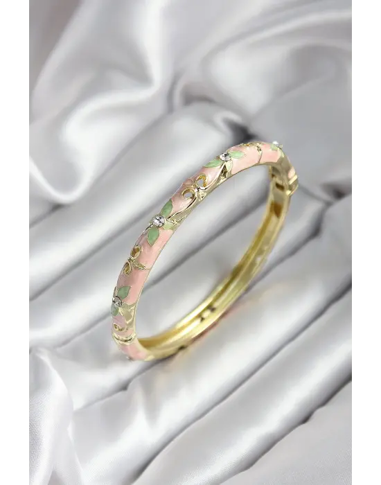 Mineli Pirinç Pembe Çiçek Desenli Zirkon Taşlı Gold Renk Kadın Kelepçe