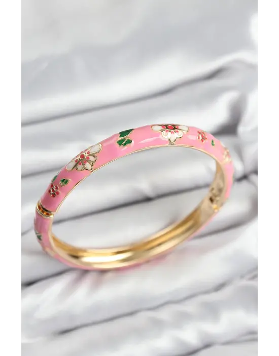 Mineli Pirinç Pembe Çiçek Motifli Gold Kadın Kelepçe