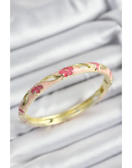 Mineli Çelik Pembe Çiçek Motifli Gold Renk Kadın Kelepçe