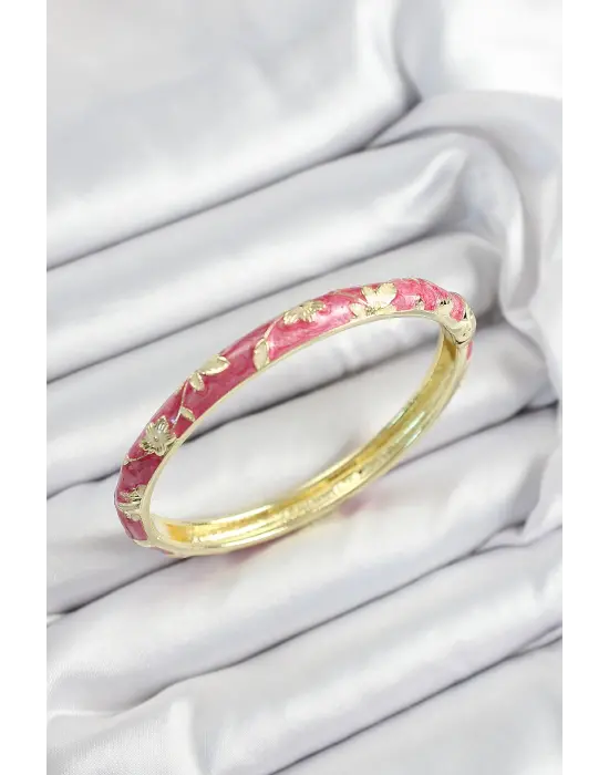 Mineli Pirinç Pembe Çiçek Motifli Gold Renk Kadın Kelepçe