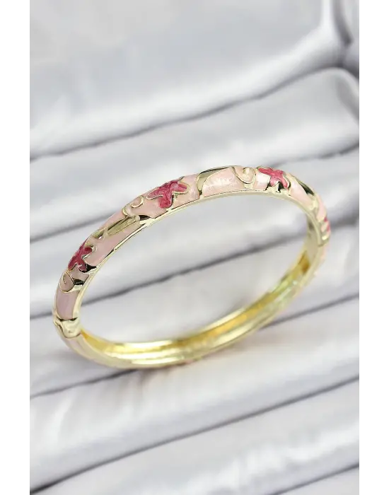 Mineli Pirinç Pembe Çiçek Motifli Kadın Kelepçe