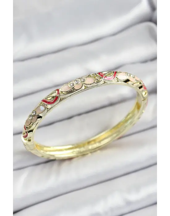 Mineli Pirinç Pembe Çiçek Motifli Kadın Kelepçe