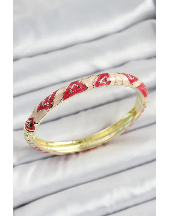 Mineli Pirinç Pembe Geometrik Desenli Kadın Kelepçe