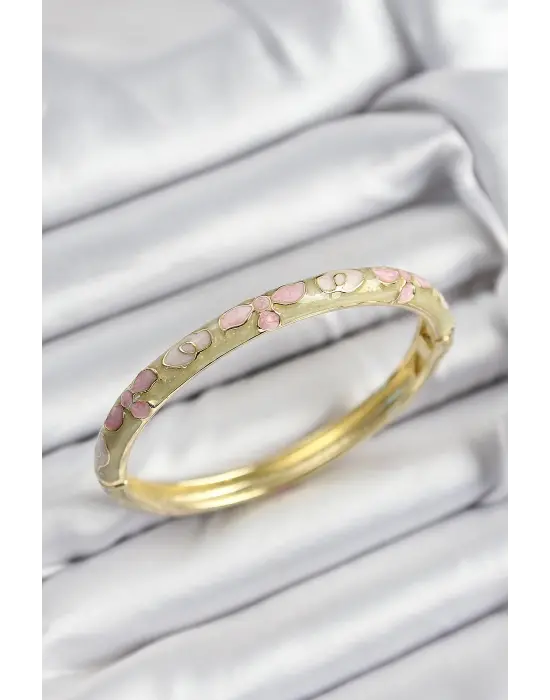 Mineli Çelik Pembe Hardal Ve Krem Çiçek Motifli Gold Renk Kadın Kelepçe