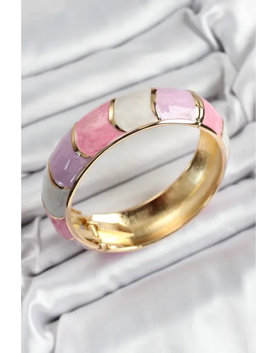 Mineli Çelik Pembe Mor Beyaz Renk Motif Desenli Kadın Kelepçe