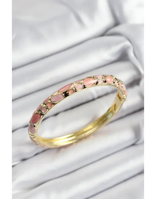 Mineli Çelik Pembe Petek Motifli Gold Renk Kadın Kelepçe