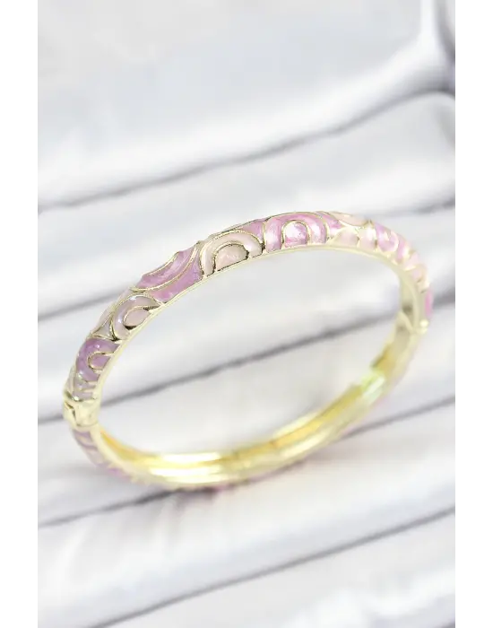 Mineli Pirinç Pembe Sarmal Desenli Gold Renk Kadın Kelepçe