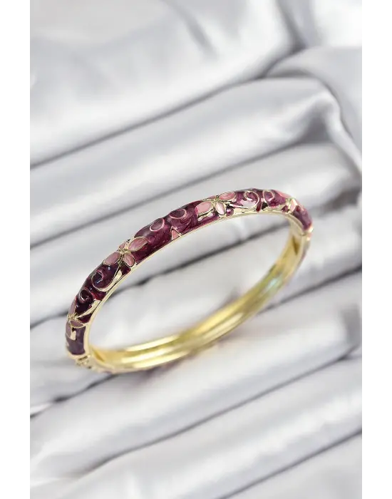 Mineli Çelik Pembe Ve Fuşya Çiçek Motifli Gold Renk Kadın Kelepçe
