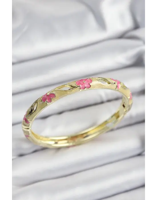 Mineli Çelik Pembe Ve Hardal Çiçek Motifli Gold Renk Kadın Kelepçe