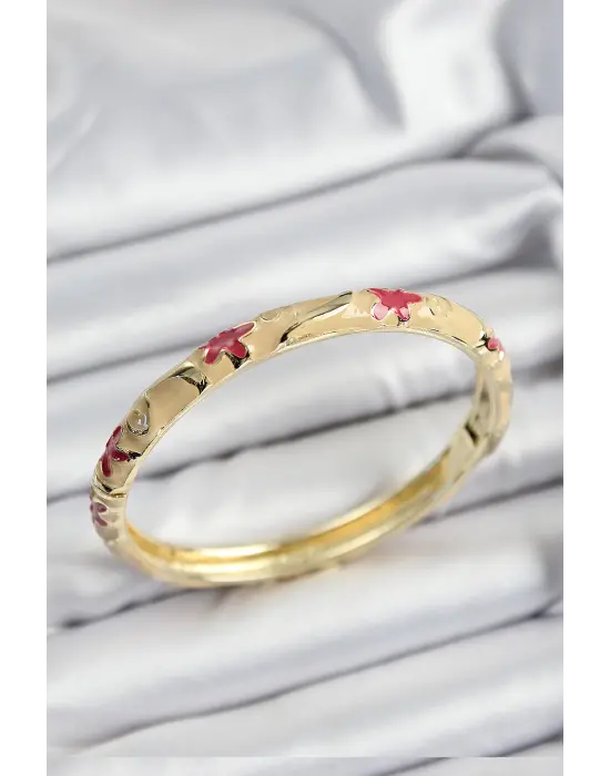 Mineli Çelik Pembe Ve Krem Çiçek Motifli Gold Renk Kadın Kelepçe