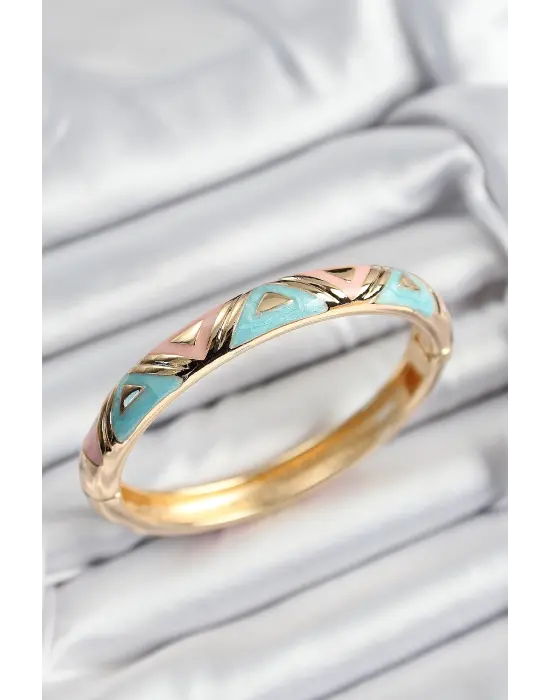 Mineli Çelik Pembe Ve Mavi Üçgen Motifli Gold Renk Kadın Kelepçe