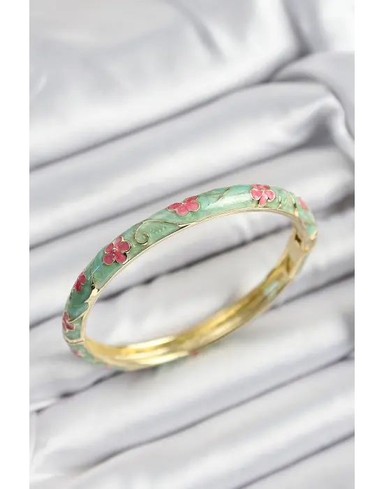 Mineli Çelik Pembe Ve Yeşil Çiçek Motifli Gold Renk Kadın Kelepçe