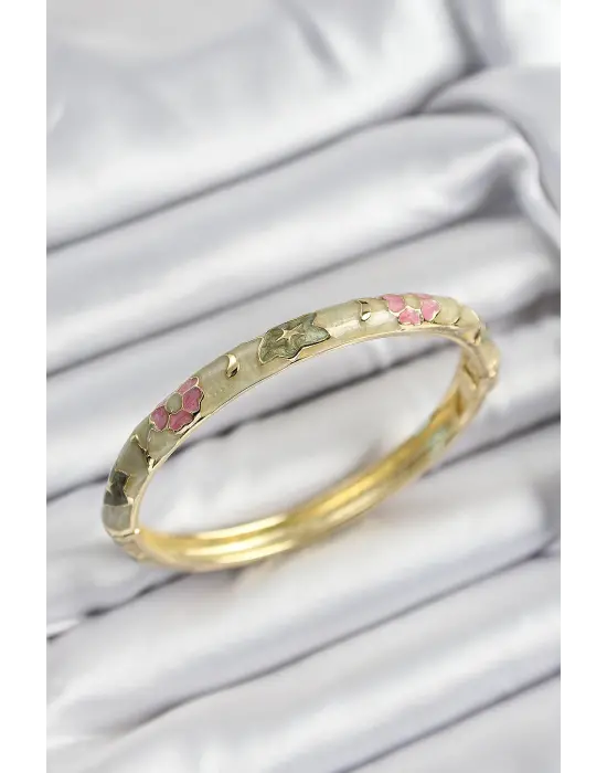 Mineli Çelik Pembe Ve Yeşil Çiçek Motifli Gold Renk Kadın Kelepçe