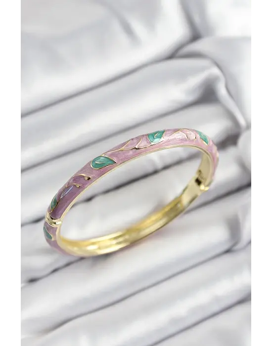Mineli Çelik Pembe Ve Yeşil Yaprak Motifli Gold Renk Kadın Kelepçe