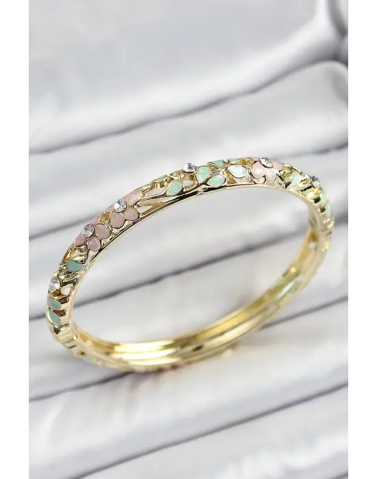 Mineli Pirinç Pembe Yeşil Çiçek Desenli Zirkon Taşlı Kadın Kelepçe