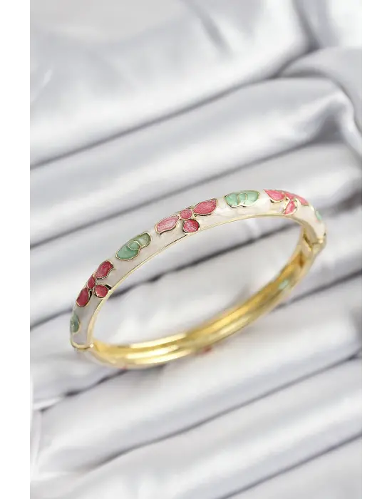 Mineli Çelik Pembe Yeşil Ve Krem Çiçek Motifli Gold Renk Kadın Kelepçe