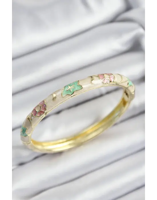 Mineli Çelik Pembe Yeşil Ve Krem Çiçek Motifli Gold Renk Kadın Kelepçe