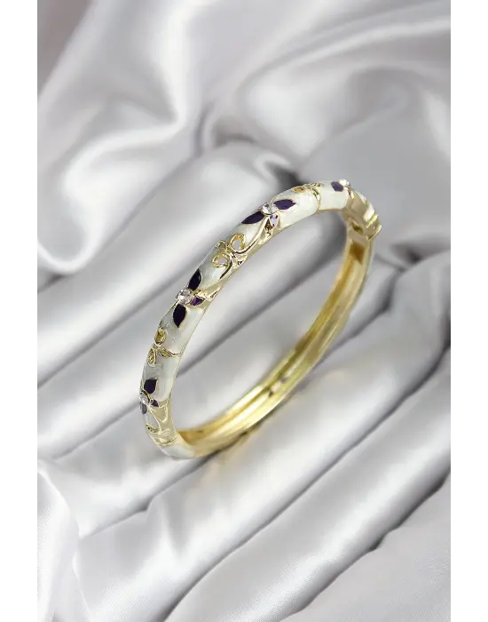 Mineli Pirinç Siyah Çiçek Desenli Zirkon Taşlı Gold Renk Kadın Kelepçe (çap 60 mm)