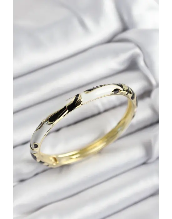 Mineli Çelik Siyah Ve Beyaz Mermer Motifli Gold Renk Kadın Kelepçe
