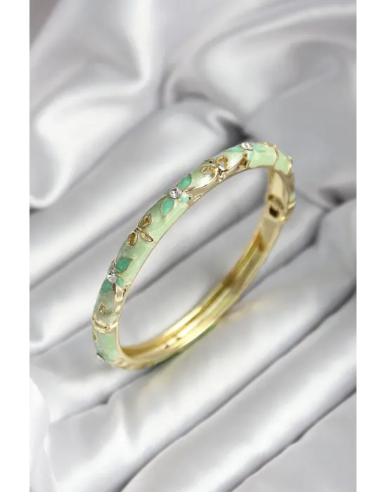 Mineli Pirinç Su Yeşili Çiçek Desenli Zirkon Taşlı Gold Renk Kadın Kelepçe