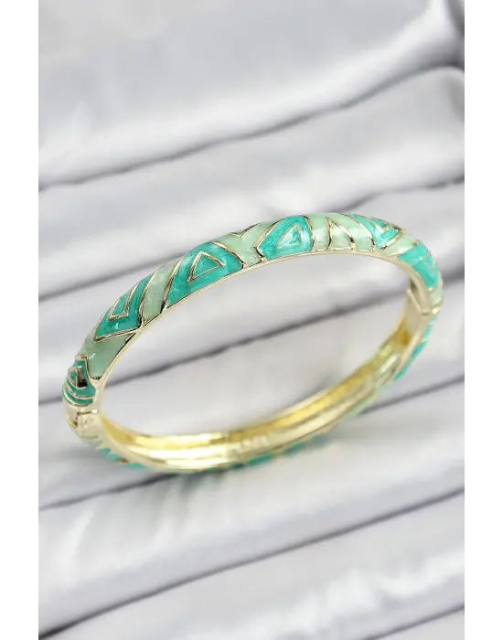 Mineli Pirinç Su Yeşili Geometrik Desenli Kadın Kelepçe