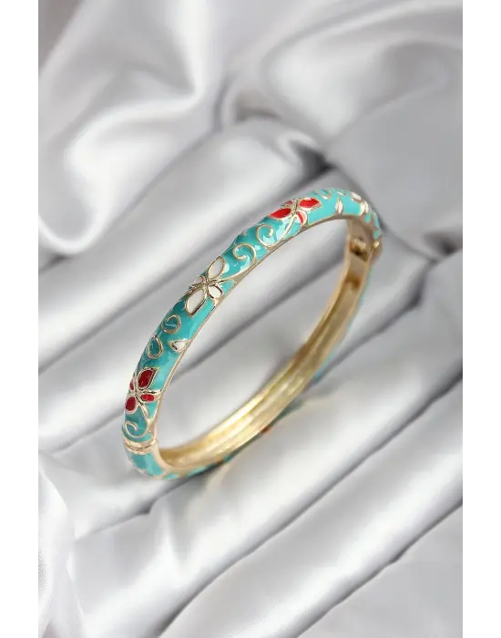 Mineli Pirinç Turkuaz Çiçek Desenli Gold Renk Kadın Kelepçe (çap 60 mm)