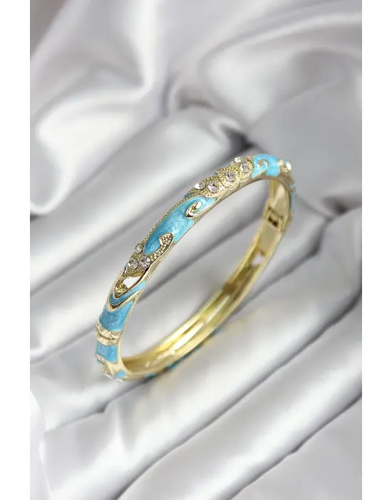 Mineli Pirinç Turkuaz Çiçek Desenli Zirkon Taşlı Gold Renk Kadın Kelepçe