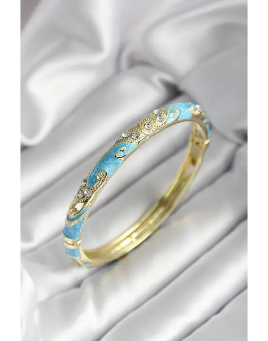 Mineli Pirinç Turkuaz Çiçek Desenli Zirkon Taşlı Gold Renk Kadın Kelepçe