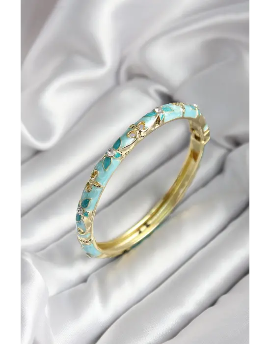 Mineli Pirinç Turkuaz Çiçek Desenli Zirkon Taşlı Gold Renk Kadın Kelepçe (çap 60 mm)