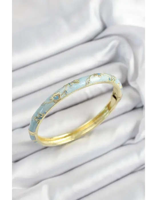 Mineli Pirinç Turkuaz Çiçek Motifli Gold Renk Kadın Kelepçe