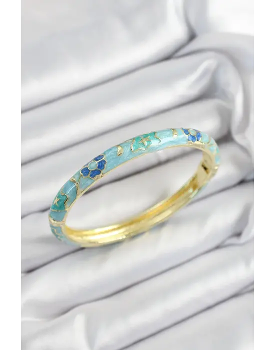 Mineli Pirinç Turkuaz Mavi Çiçek Motifli Gold Renk Kadın Kelepçe