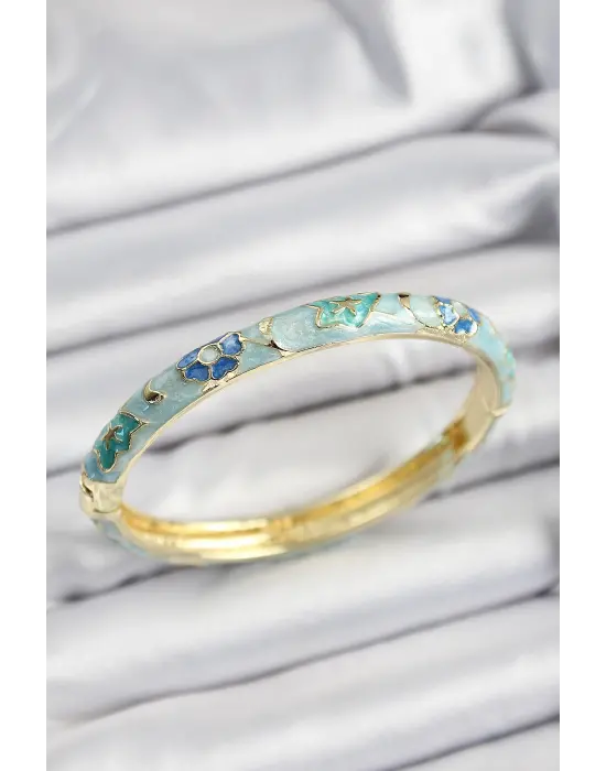 Mineli Çelik Turkuaz Ve Mavi Çiçek Motifli Gold Renk Kadın Kelepçe