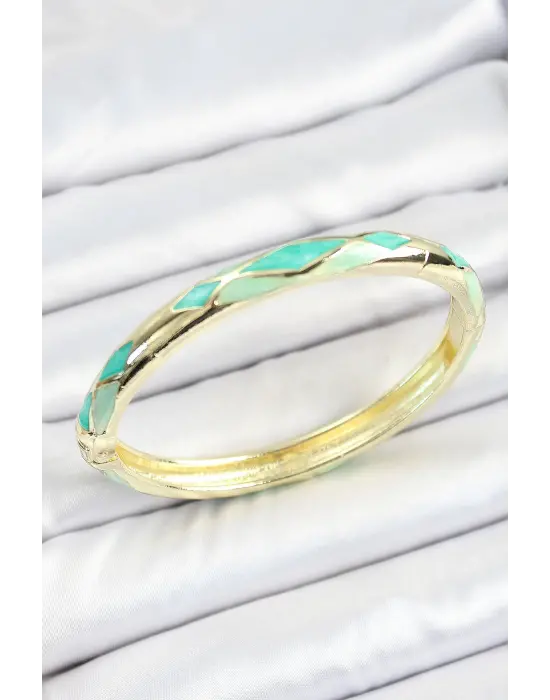 Mineli Pirinç Turkuaz Yeşil Baklava Desenli Gold Renk Kadın Kelepçe