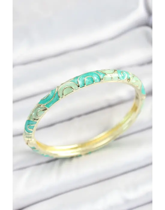 Mineli Pirinç Turkuaz Yeşil Sarmal Desenli Gold Renk Kadın Kelepçe