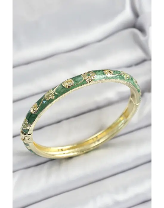 Mineli Pirinç Yaldızlı Yeşil Motif Desenli Kadın Kelepçe