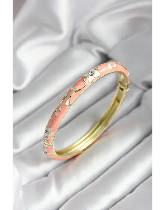 Mineli Pirinç Yavru Ağzı Çiçek Desenli Zirkon Taşlı Gold Renk Kadın Kelepçe