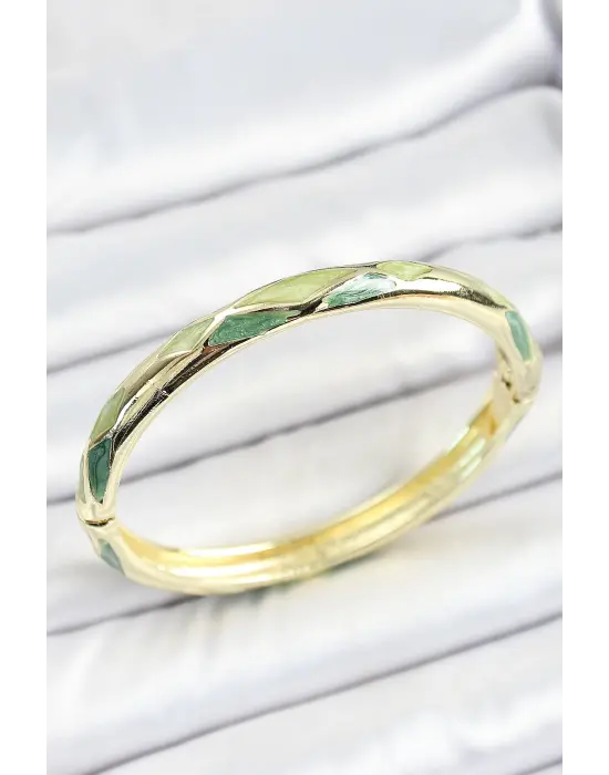 Mineli Pirinç Yeşil Baklava Desenli Gold Renk Kadın Kelepçe