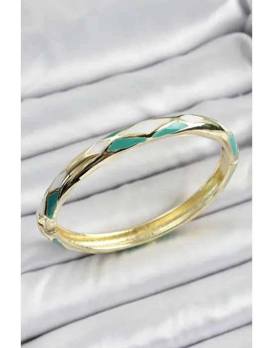 Mineli Pirinç Yeşil Beyaz Geometrik Desenli Kadın Kelepçe