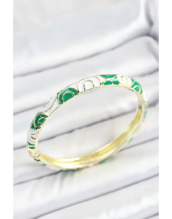 Mineli Pirinç Yeşil Beyaz Sarmal Desenli Gold Renk Kadın Kelepçe