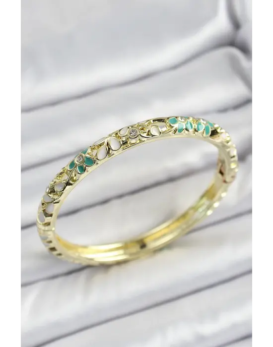 Mineli Pirinç Yeşil Çiçek Desen Motifli Kadın Kelepçe