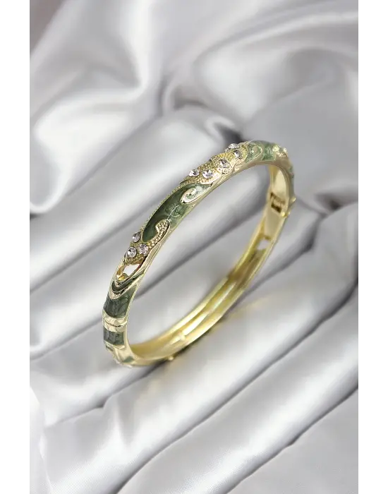 Mineli Pirinç Yeşil Çiçek Desenli Gold Renk Kadın Kelepçe